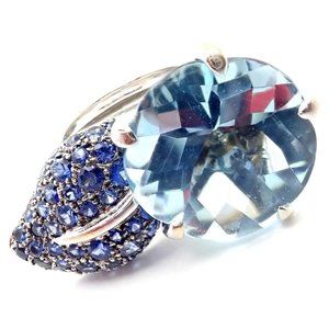 Authentic! Chanel Camellia Flower 18k White Gold Aquamarine Sapphire Ring
